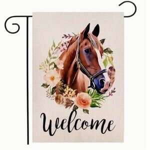 NEW WELCOME HORSE FLORAL DOUBLE SIDED GARDEN FLAG 12" X 18" PORCH HOME DECOR